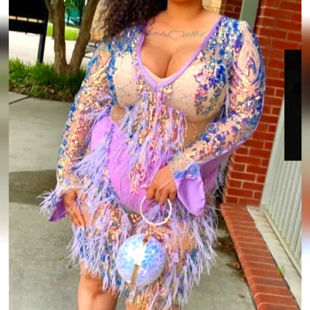 X plus wear purple plus‎ size party see thru mini feather dress with  size XL